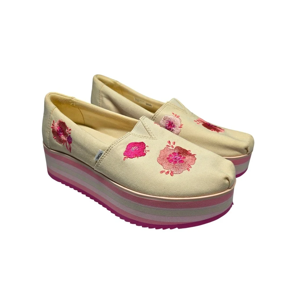 TOMS Alpargata Platform Pink Floral Embroidered Slip On Shoes Womens Size 8